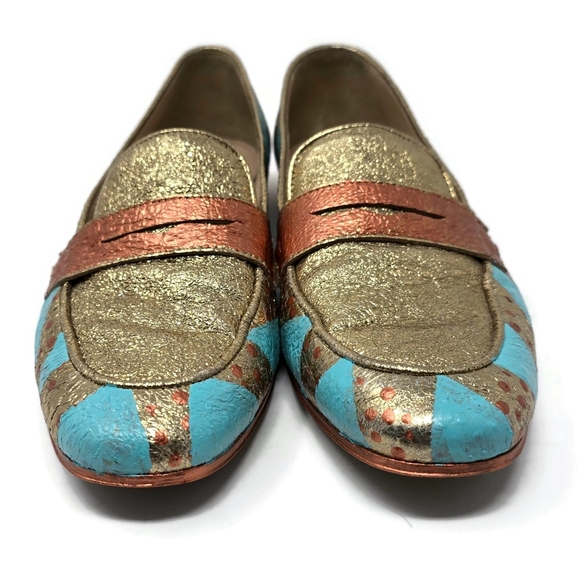 One Of A Kind Hand Painted Crinkle Gold Penny Loafers J Crew Women's 8 - Picture 8 of 14